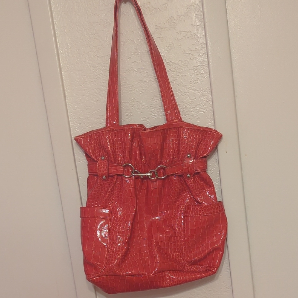 Red Crocodile-Embossed Tote Bag